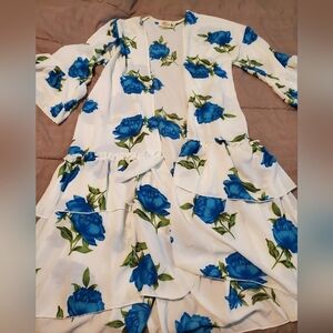 Love Story White Cardigan Women Blue Roses Ruffle Layered Hem Beach Boho Large